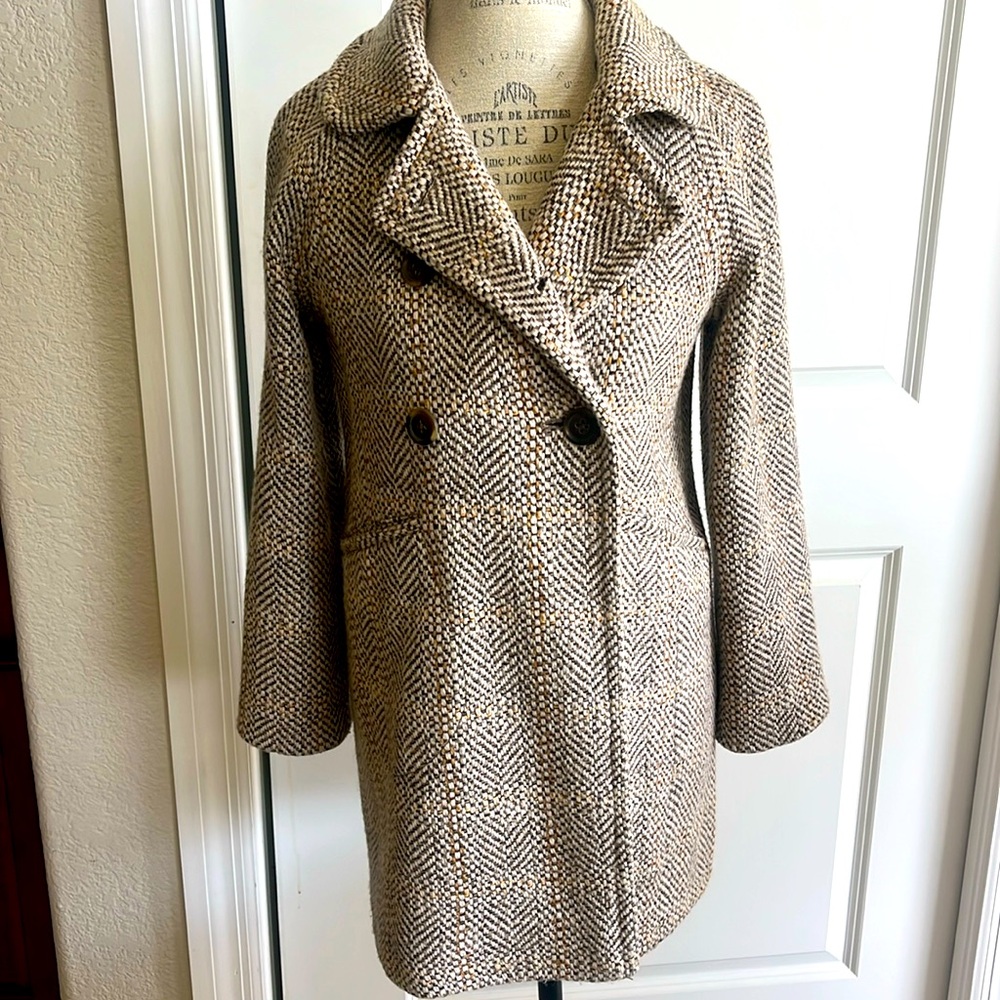 EUC J.Crew tan and brown tweed oversized button-down preppy old money pea coat - Picture 1 of 10